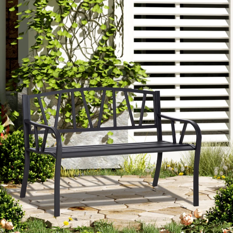 Outsunny Panchina da Giardino in Metallo Nero Impermeabile, Panca da Esterno in Ferro 2 Posti, 128x56x86cm