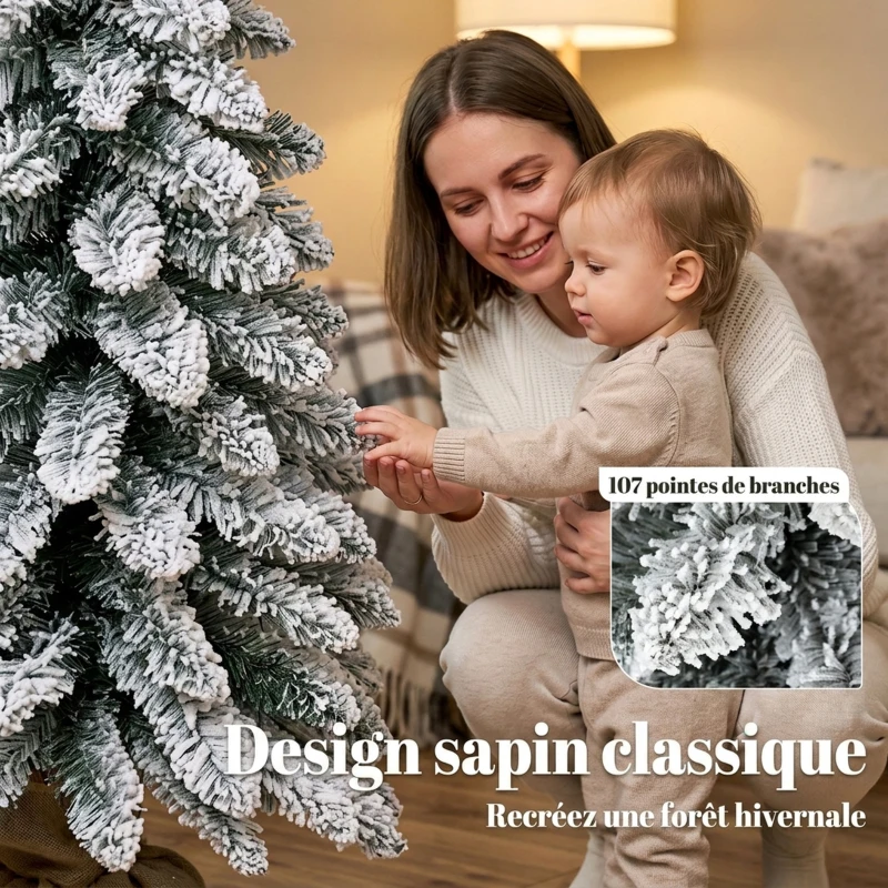 HOMCOM Sapin de Noël Artificiel 90 cm, 107 Embouts de Branches Enneigés en PVC, Base en Toile de Jute, Montage Rapide, Blanc