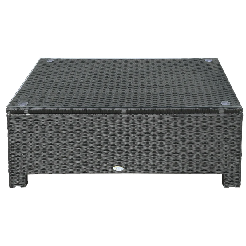 Outsunny PE Rattan Coffee Table, Rectangular Outdoor Coffee Table with Tempered Glass Top, 70 KG Capacity for Garden, Balcony, Terrace, Patio, Black