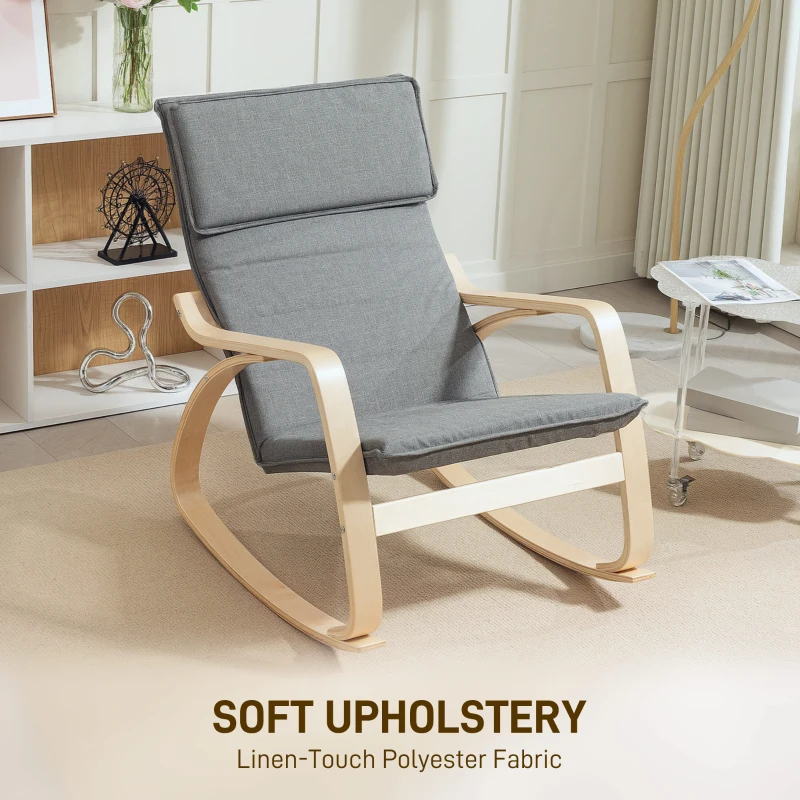 HOMCOM Comfortable Relax Rocking Chair, Upholstered Lounge Chair Recliner with High Back and Headrest for Living Room, Bedroom, Grey