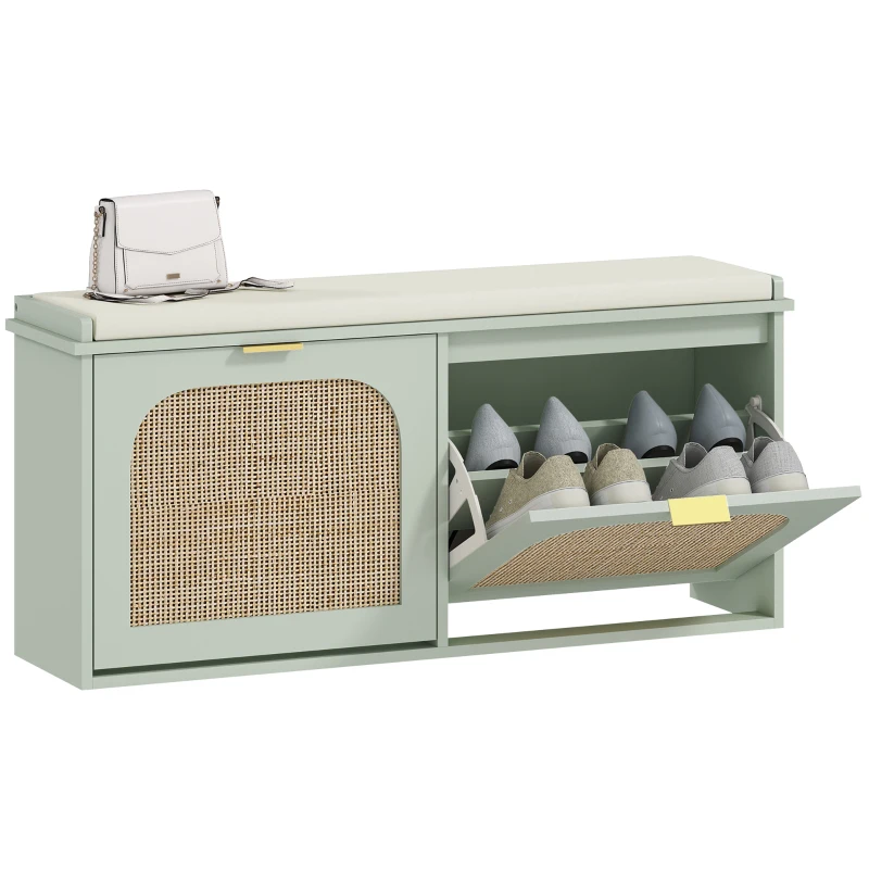 HOMCOM Banc à chaussures, banc de rangement, assise rembourrée, tiroirs rabattables, porte en rotin, 104 x 26 x 47,5 cm, vert