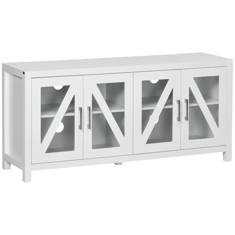 HOMCOM Mueble TV de Salón Mesa para Televisores de hasta 58" con 4 Puertas de Vidrio Estantes Ajustables 130x35x60 cm Blanco