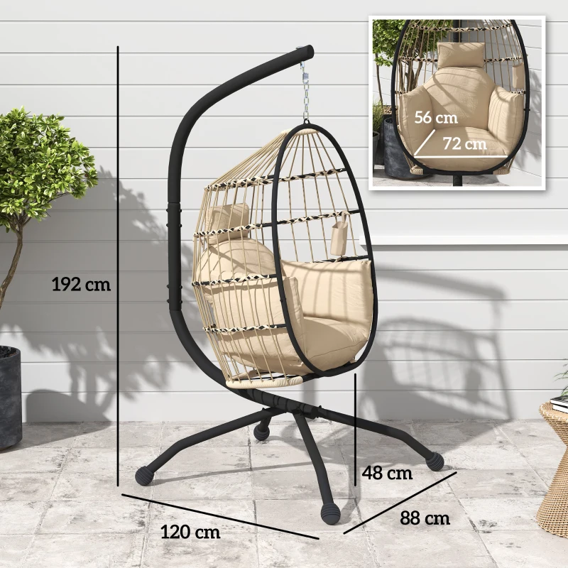 Outsunny Silla Colgante con Soporte Cesta Plegable Cojín y Reposacabezas para Interior y Exterior Carga 120 kg Caqui