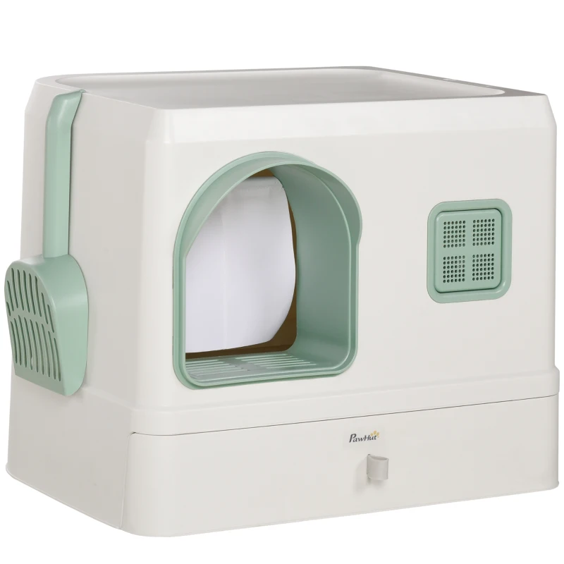 PawHut Cat Litter Box, Hooded Cat Litter Tray, with Drawer Pan, Scoop, Deodorants