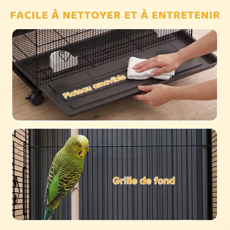 PawHut Grande Cage à Oiseaux sur Roulettes en Acier, Plateau Amovible, Portes, Perchoirs, Mangeoires, 77x46,5x141cm, Noir