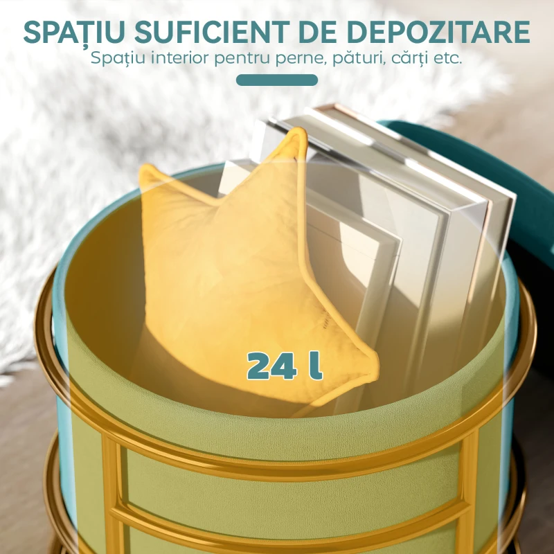HOMCOM Taburet Rotund de Depozitare din Catifea cu Spațiu de 24L și Capac Detașabil, Ø42x39 cm, Verde