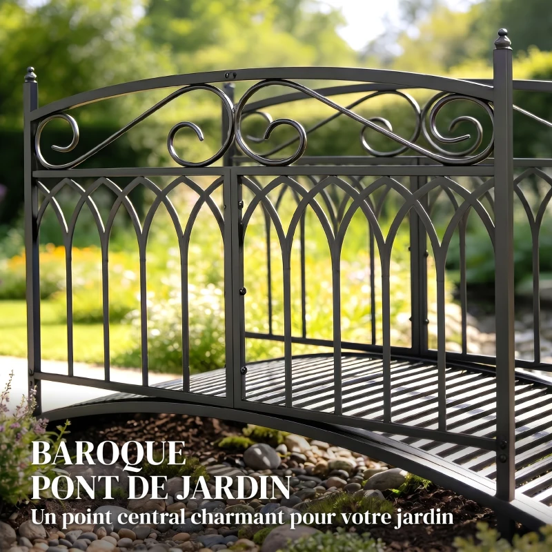 Outsunny Pont de Jardin en Métal Style Baroque Passerelle Décorative avec Garde-Corps 91cm et Charge 100kg Noir