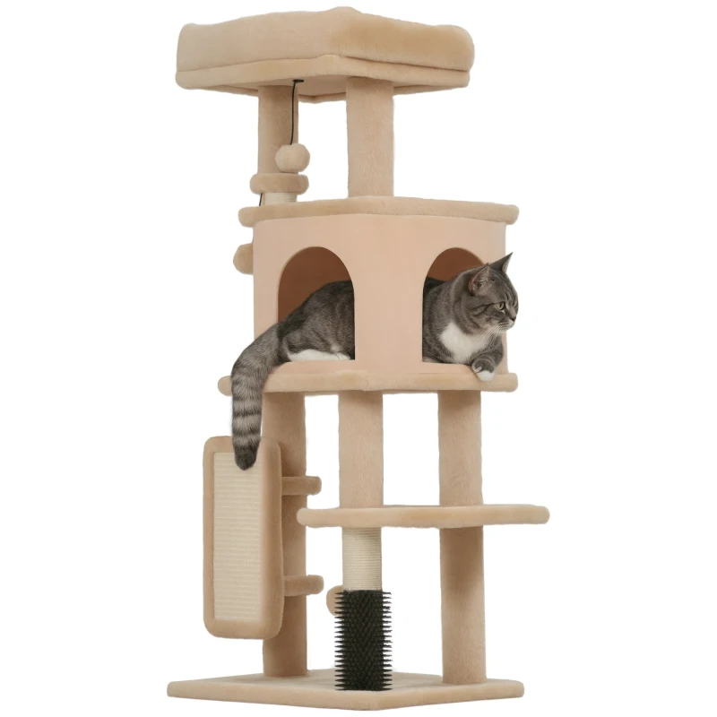 PawHut Arbre à Chat, Tour de Jeux, Hauteur de 104 cm, avec Lit, Maison, Brosse de Toilettage, 44l x 34P x 104H cm, Beige