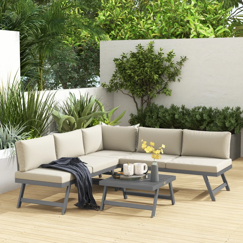 Outsunny Ensemble salon de jardin d'angle et convertible 4 pièces avec 2 banquettes, 1 fauteuil d'angle et 1 table basse