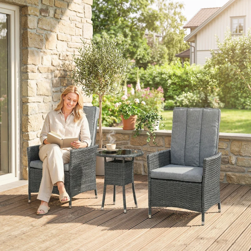 Outsunny Rattan Bistro Set, Reclining Garden Chairs and Glass Coffee Table with Cushions for Patio Balcony Porch, Grey