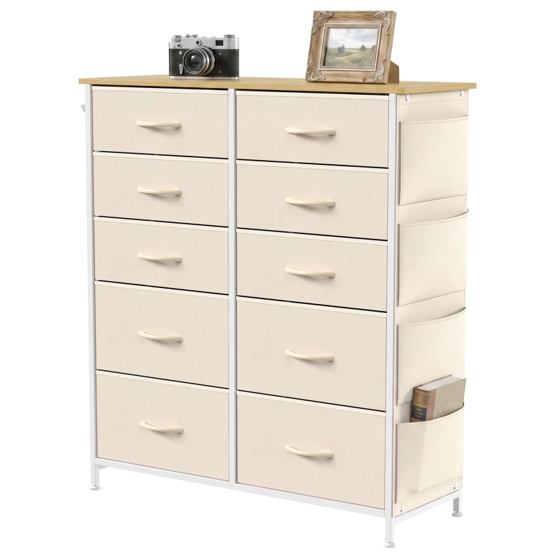 HOMCOM Chest of Drawers, Dresser with 10 Fabric Drawers, Tall Storage Unit with 4 Pockets and 2 Hooks Steel Frame, Beige
