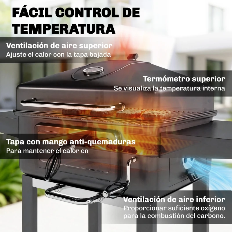 Outsunny Barbacoa de Carbón con Bandeja y Ventilación Ajustable Estantes Laterales Ruedas Termómetro Tapa y Puerta