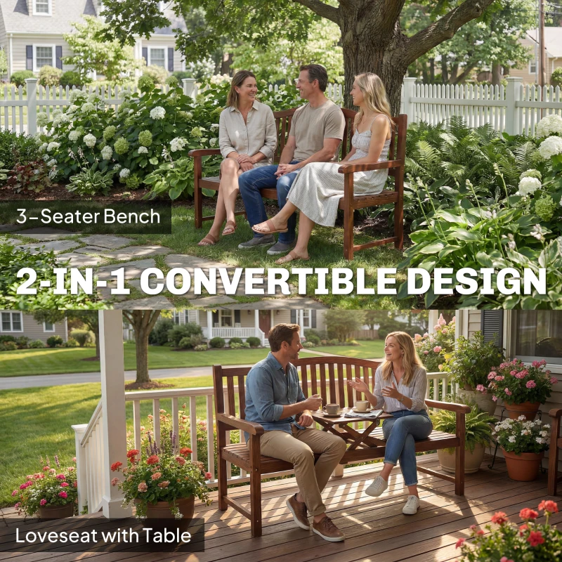 Outsunny Garden Loveseat Bench, 2-3 Seater Outdoor Bench with Liftable Table and Waterproof Cover, Light Brown