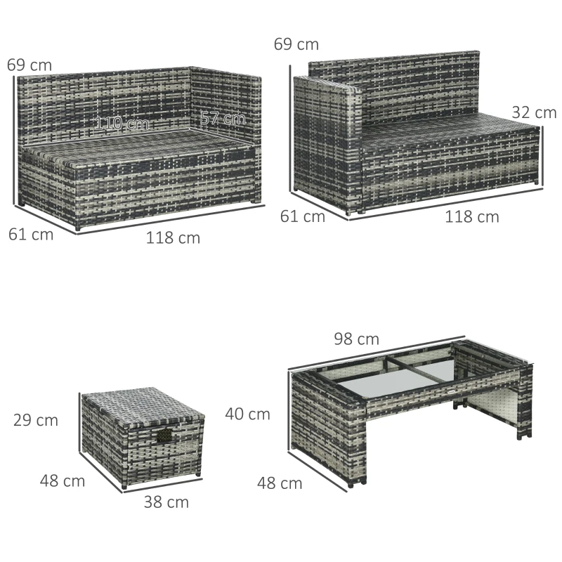 Outsunny 6 Piece Rattan Garden Furniture Set - 8-Seater Outdoor Sofa Sectional with 3 Loveseat Wicker Sofa, Cushions, 2 Footstools, and Glass Table for Yard, Poolside, Grey