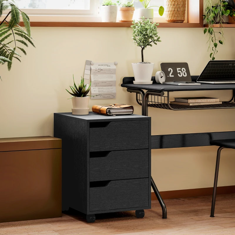 HOMCOM Caisson bureau mobile, meuble rangement bureau sur roulettes, 3 tiroirs, 40x50x57,5cm, noir