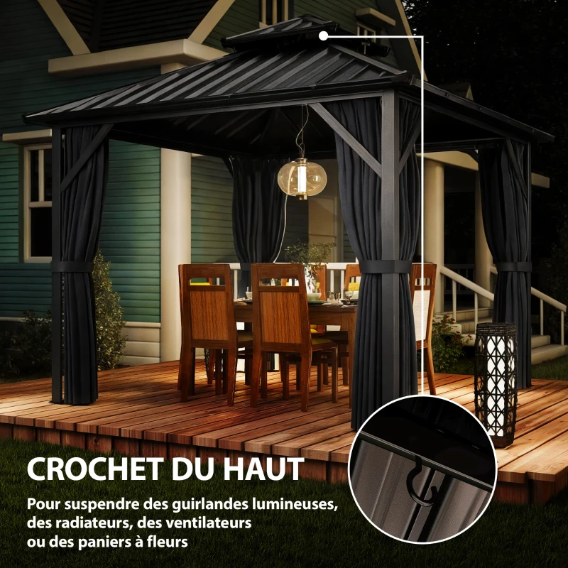 Outsunny Pavillon 3 x 3 m à toit rigide avec cadre en aluminium et toit double en acier galvanisé, gris foncé