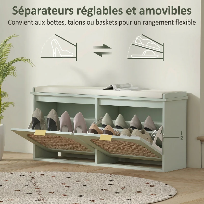 HOMCOM Banc à chaussures, banc de rangement, assise rembourrée, tiroirs rabattables, porte en rotin, 104 x 26 x 47,5 cm, vert