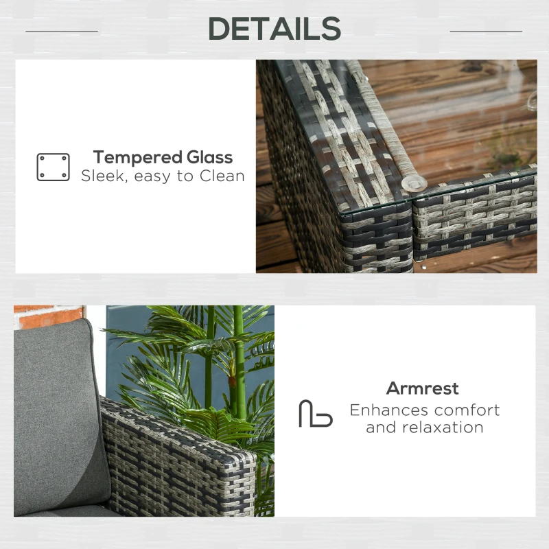 Outsunny 6 Piece Rattan Garden Furniture Set - 8-Seater Outdoor Sofa Sectional with 3 Loveseat Wicker Sofa, Cushions, 2 Footstools, and Glass Table for Yard, Poolside, Grey
