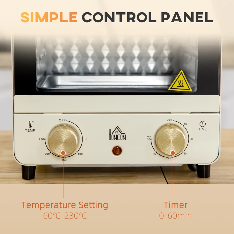 HOMCOM 15 Litres Electric Oven, Convection Mini Oven and Grill with 60-230℃ Temperature, Timer, Include Baking Tray, Wire Rack and Crumb Tray, 1000W, Cream White