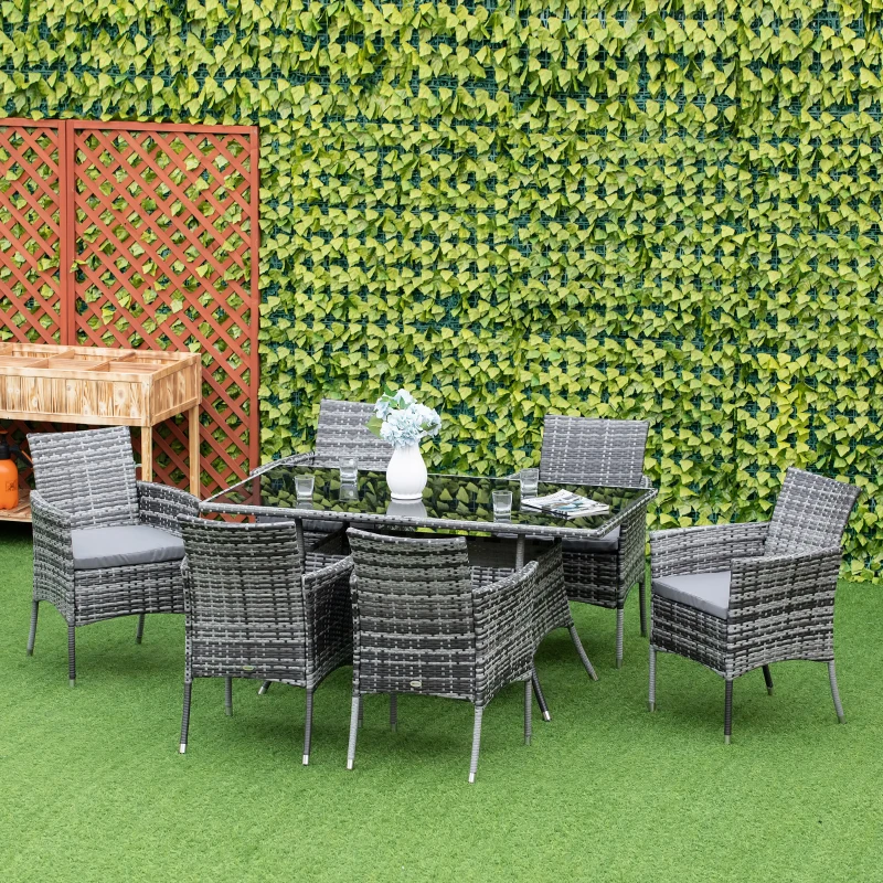 Outsunny Ensemble Salon de Jardin 6 Personnes - Grande Table rectangulaire, 6 fauteuils - 6 Coussins d'assise déhoussables Inclus - métal époxy Verre trempé 5 mm résine tressée Grise