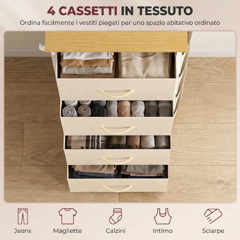 HOMCOM Cassettiera con 4 Cassetti Pieghevoli in Tessuto, Tasche e 2 Ganci, 45x30x94.5 cm, Beige