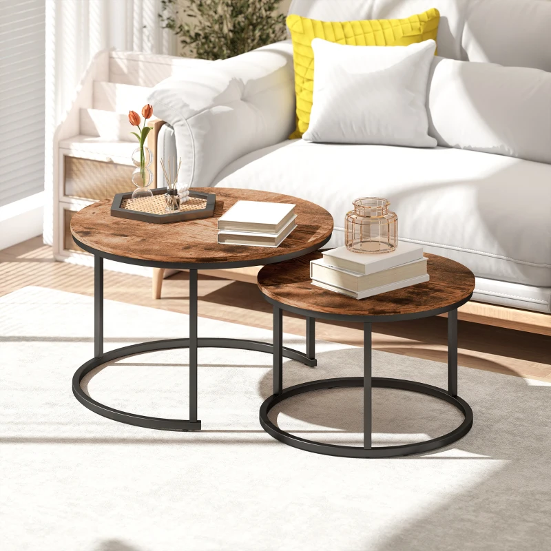 HOMCOM Coffee Table Set of 2, Round Nest of Tables with Metal Frame, Modern Side Tables for Living Room, Rustic Brown
