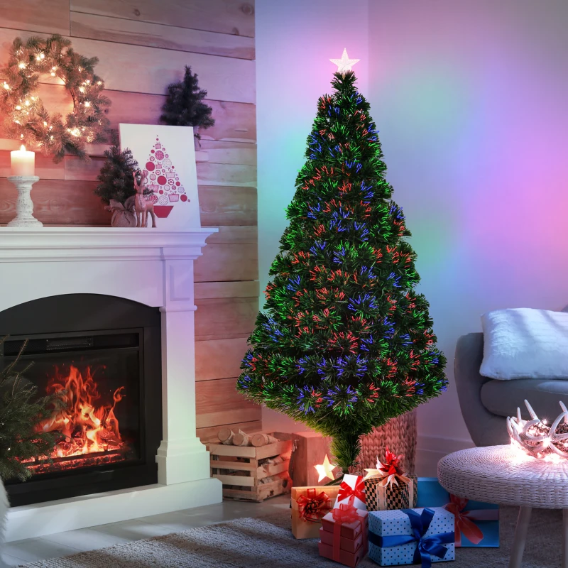 HOMCOM Sapin de Noël Artificiel Lumineux 150H cm Fibre Optique Multicolore + Support Pied 180 Branches étoile Sommet Brillante Vert