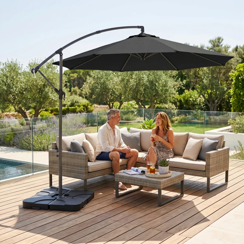 Outsunny 3m Overhanging Parasol, with Base, Weights and Cover - Black