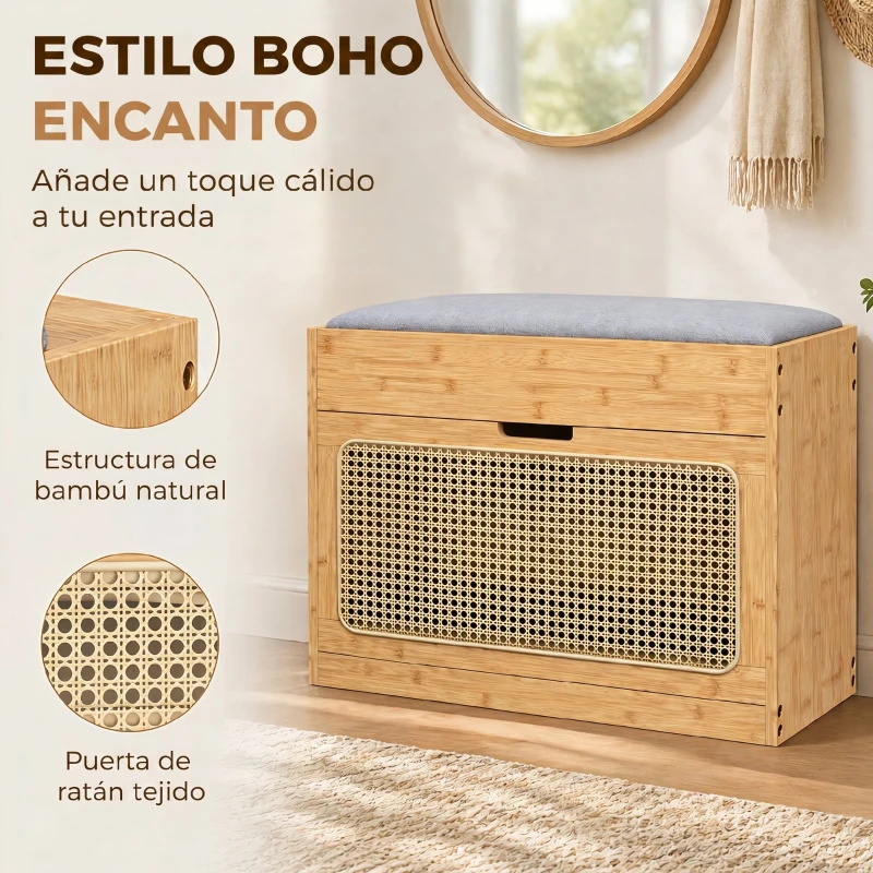 HOMCOM Banco Zapatero Recibidor con Asiento Acolchado Cajón Abatible Puerta de Ratán Estante Ajustable para Entrada Natural
