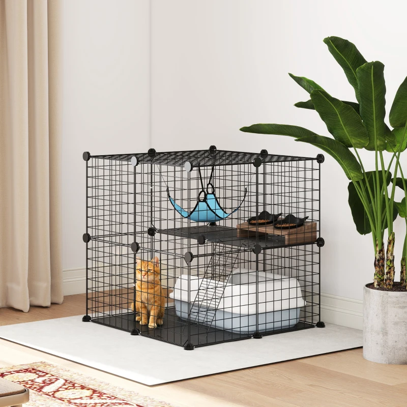 PawHut Indoor Cat Cage DIY Customizable 2-Tier Indoor Cat Enclosure with 2 Doors and Hammock 70 cm Black