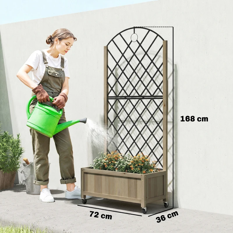 Outsunny Jardinière avec treillis en acier, bac à fleurs sur roues verrouillables en bois, 72 x 36 x 168 cm, Finition Carbonisée