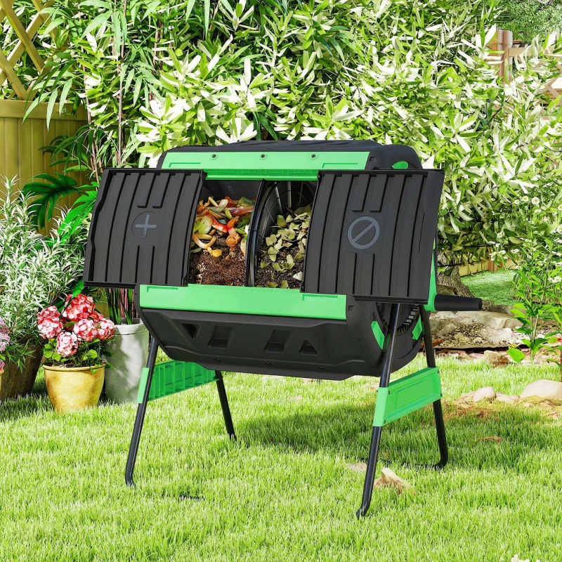Outsunny Garden Compost Bin, 200L Dual Chamber Tumbling Composter with Adjustable Vents, BPA Free Compost Tumbler, Green