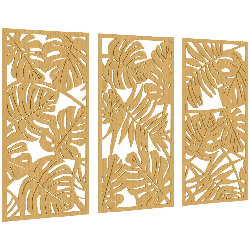 HOMCOM Ensemble de 3 Décorations Murales en Bois 3D, 40 x 80 cm, Feuilles Tropicales, Effet Bois Naturel