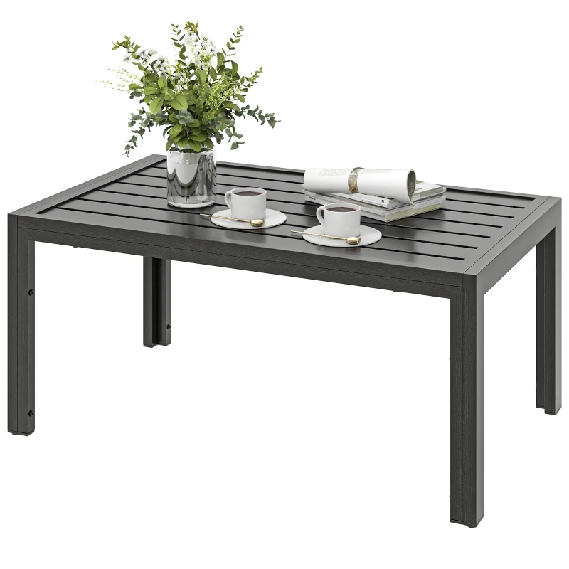 Outsunny Outdoor Side Table, Rectangular Patio Coffee Side Table with Steel Frame and Slat Tabletop for Garden, Balcony, Grey