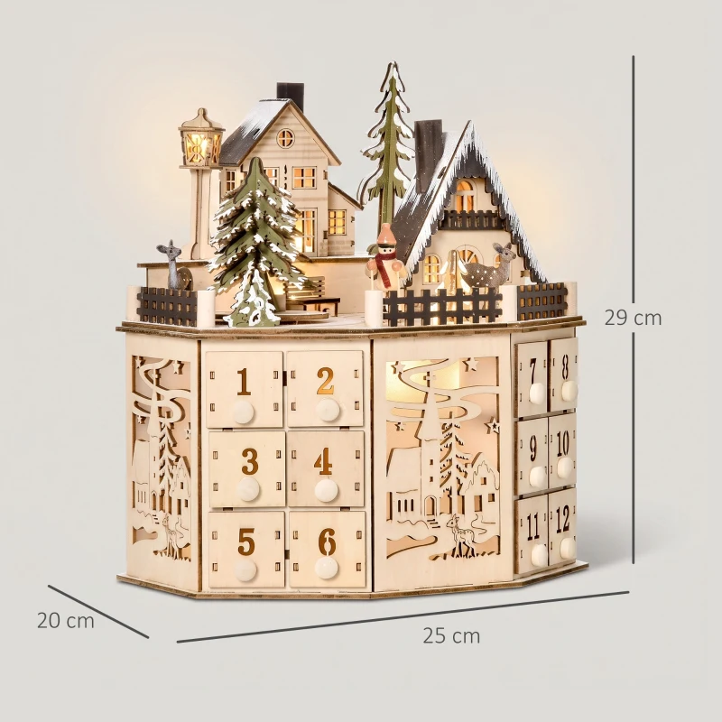 HOMCOM Calendario de Adviento de Navidad de Madera Reutilizable con Luces LED 24 Cajones Escena de Pueblo 25x20x29 cm Natural