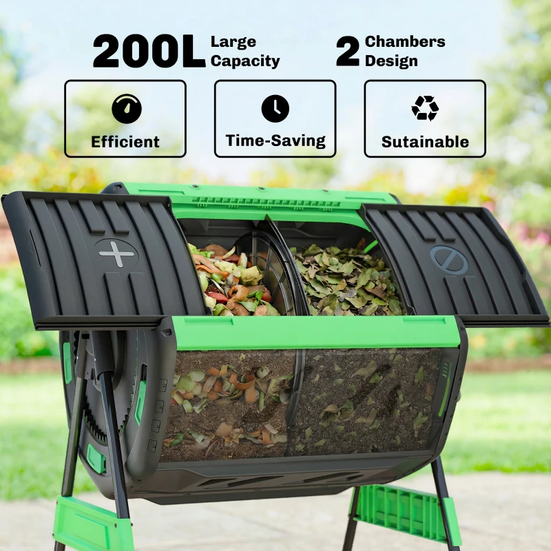 Outsunny Garden Compost Bin, 200L Dual Chamber Tumbling Composter with Adjustable Vents, BPA Free Compost Tumbler, Green
