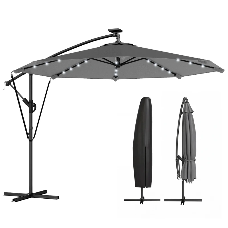 Outsunny Parasol Excéntrico con Luces LED Solares 330x295 cm Sombrilla con Base Cruzada Manivela Funda Protectora Gris Oscuro