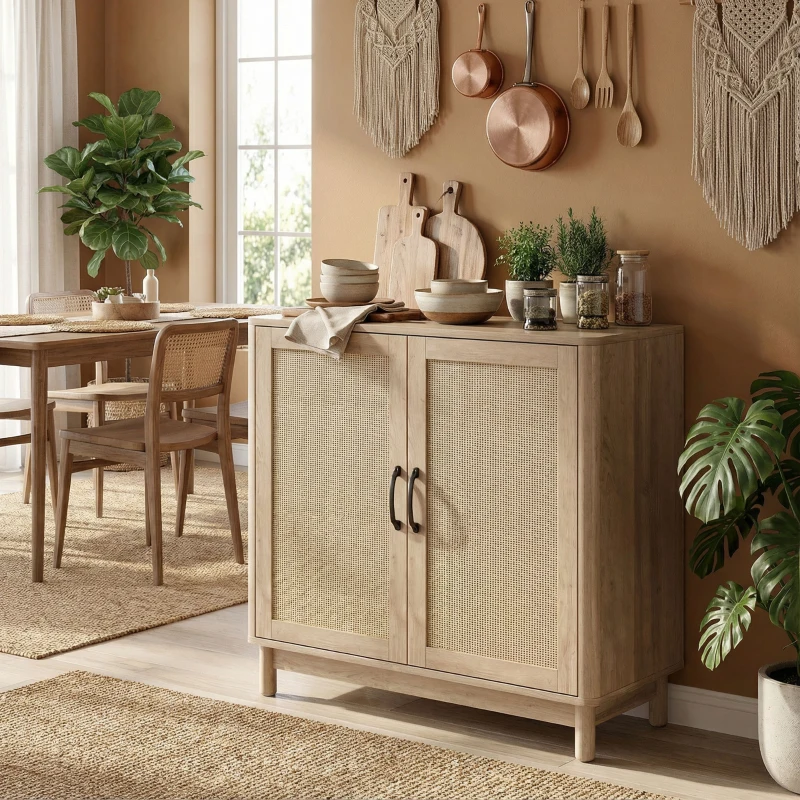 HOMCOM Buffet salon, meuble de rangement avec 2 portes en rotin, étagère réglable et bords arrondis, 76 x 35 x 75,5 cm, chêne