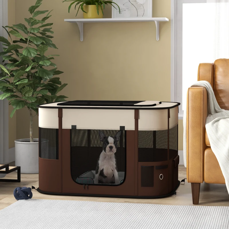 PawHut Foldable Dog Pen with Storage Bag for Indoor/Outdoor Use, Portable Pet playpen, with Ground Stakes - Brown