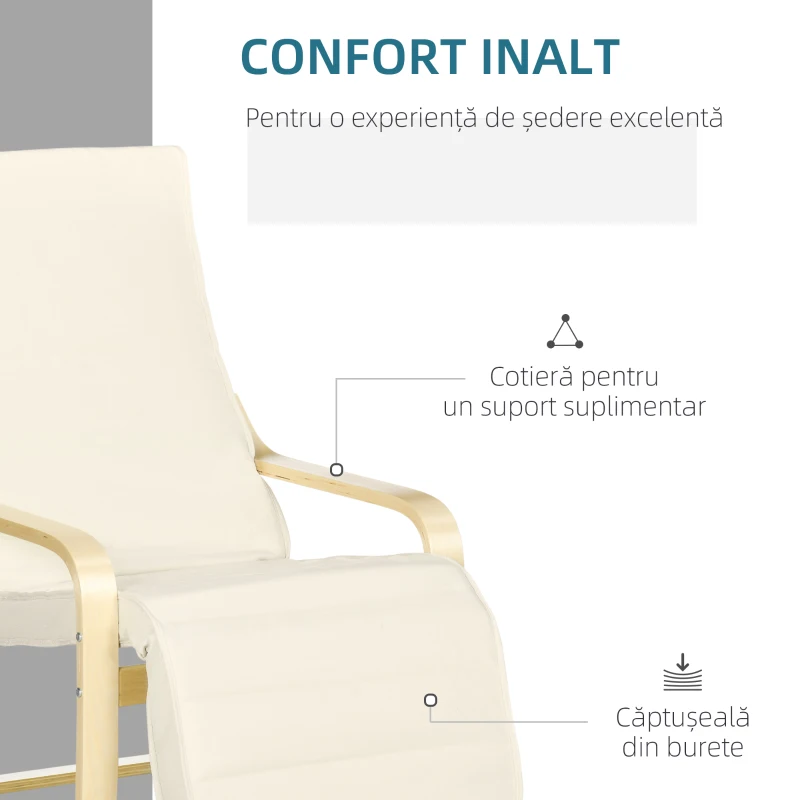 HOMCOM Fotoliu Relax cu Suport pentru Picioare Reglabil pe 5 Niveluri și Tetieră, Cadru din Lemn de Mesteacăn și Țesătură, 66,5x94x100 cm, Crem