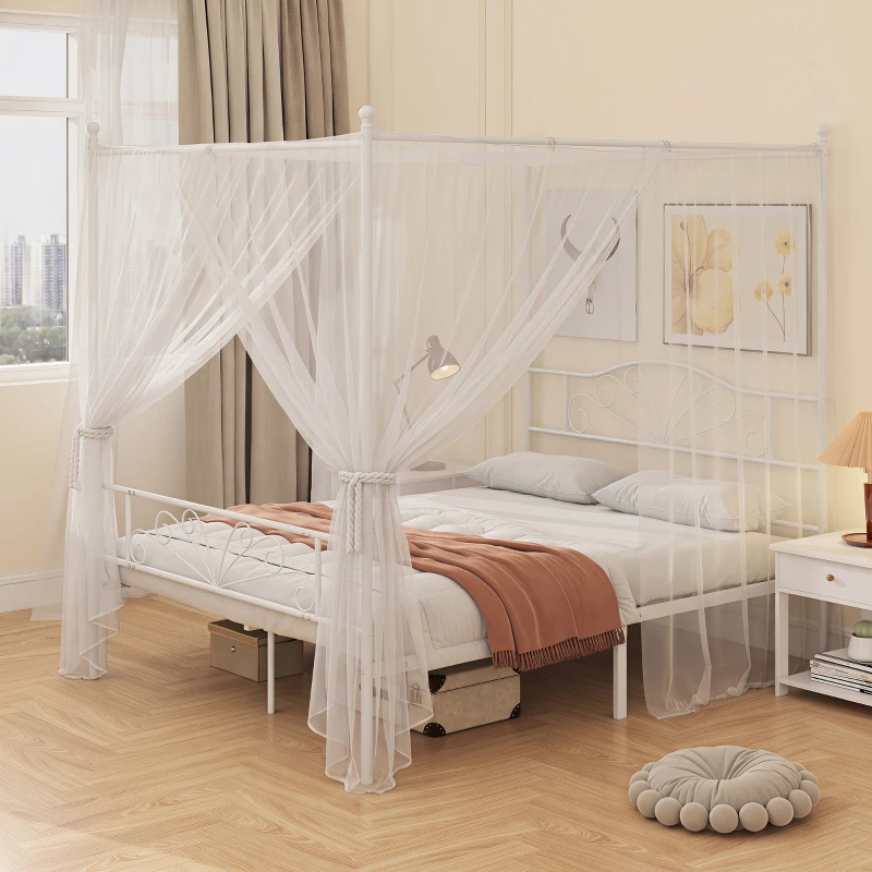 HOMCOM Canopy Bed Frame Double Size, Metal Platform Bed Frame with Headboard and Footboard, Underbed Storage, White