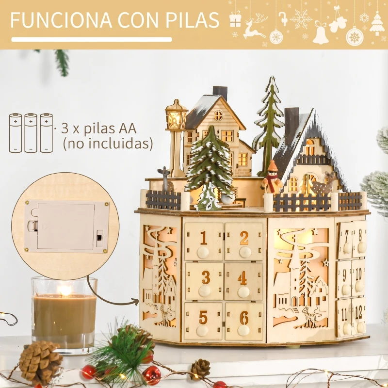 HOMCOM Calendario de Adviento de Navidad de Madera Reutilizable con Luces LED 24 Cajones Escena de Pueblo 25x20x29 cm Natural