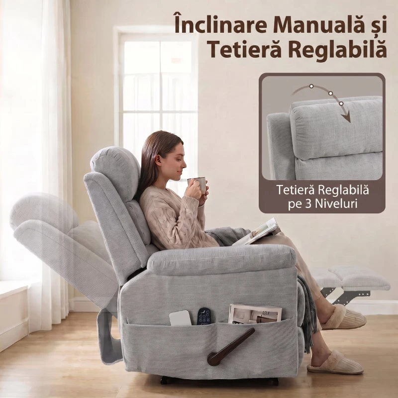 HOMCOM Fotoliu Reclinabil cu Masaj Manual  135°, Încălzire și 8 Puncte de Masaj, Chenille, 87x95x109 cm, Gri Deschis
