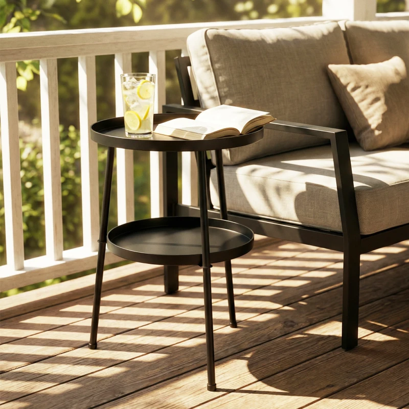 Outsunny Patio Side Table, 2-Tier Round Coffee End Table for Garden Balcony Living Room Bedroom, Black