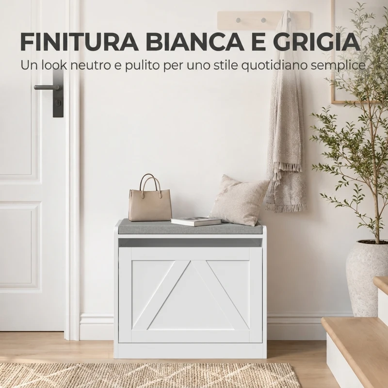 HOMCOM Panca Scarpiera Salvaspazio con Seduta Imbottita e Anta a Ribalta, 60x30x52 cm, Bianco
