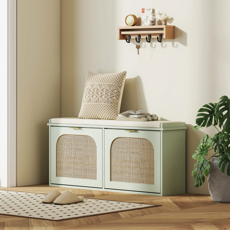 HOMCOM Banc à chaussures, banc de rangement, assise rembourrée, tiroirs rabattables, porte en rotin, 104 x 26 x 47,5 cm, vert