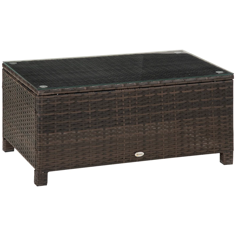 Outsunny Table Basse de Jardin Plateau Verre trempé 5 mm rotin tressé 85 x 50 x 39cm Max. 50 kg Marron
