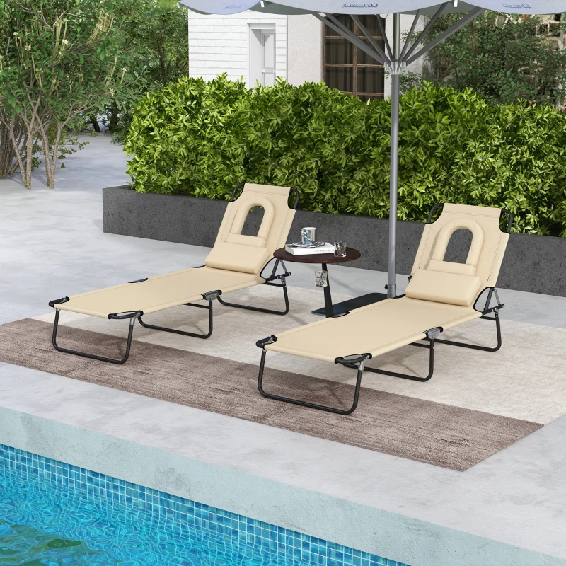 Outsunny Folding Sun Loungers Set of 2 with Face Hole, 4-Position Adjustable Backrest Garden Recliner Chairs Sunbeds, Outdoor Lounge Chairs with 500 D Oxford Cloth Seat, Pillow for Beach, Sand