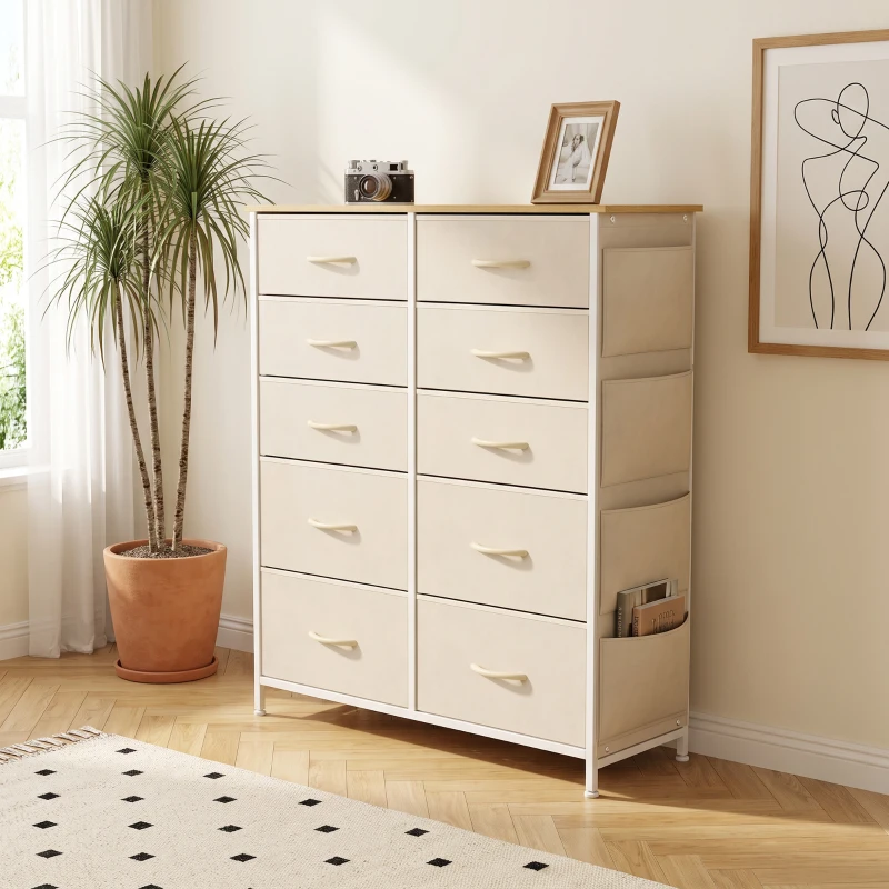 HOMCOM Chest of Drawers, Dresser with 10 Fabric Drawers, Tall Storage Unit with 4 Pockets and 2 Hooks Steel Frame, Beige