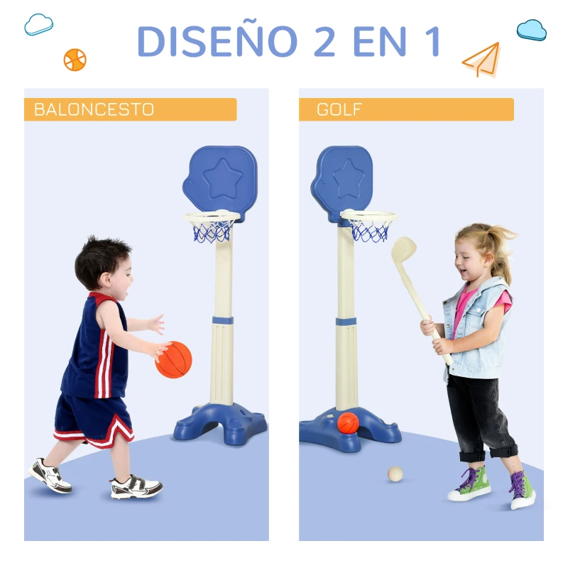 HOMCOM Canasta de Baloncesto 2 en 1 Canasta de Baloncesto Infantil con Aro Ajustable en Altura de 83-120 cm Pelotas y Palo de Golf 46x41x116-153 cm Azul y Blanco
